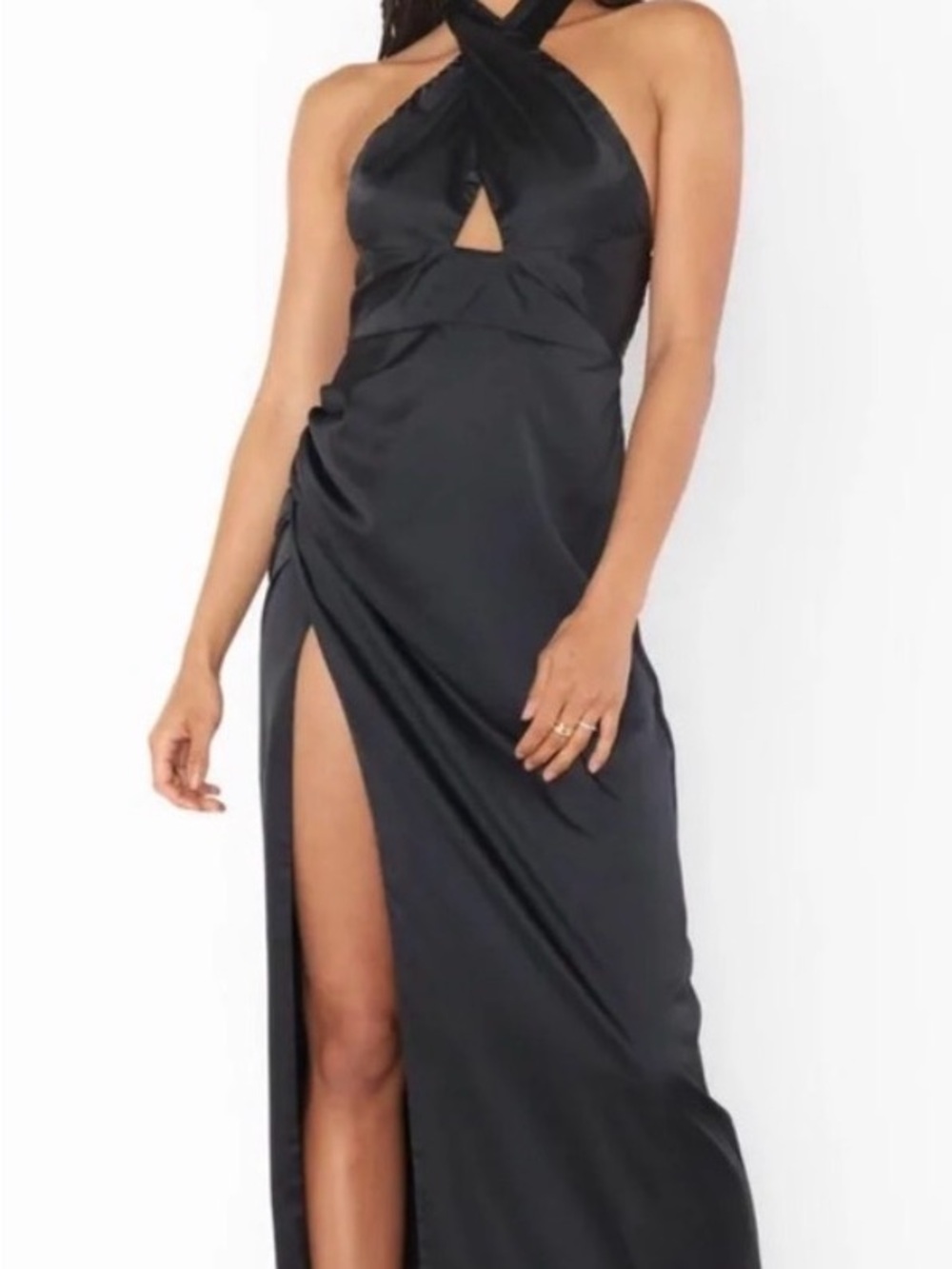 Show Me Your MuMu Black Satin Halter Gown with High Slit